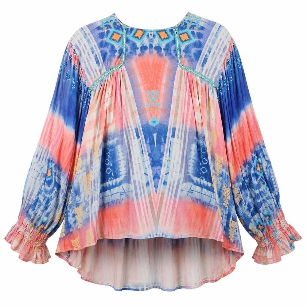 Tolani Blouse Sz Large Boho Artsy Lagenlook Festival Hippie Ruffled Hem L/S Top